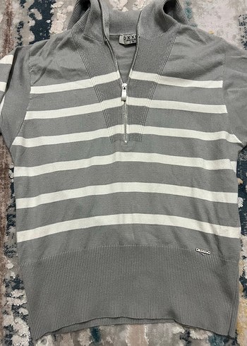 Gri Çizgili uzun Kollu Örgü Kadın Kazak - Görsel 2