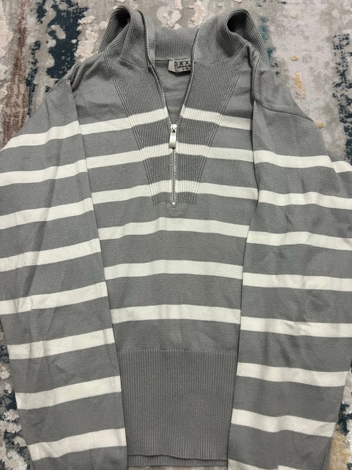 Gri Çizgili uzun Kollu Örgü Kadın Kazak - Görsel 4