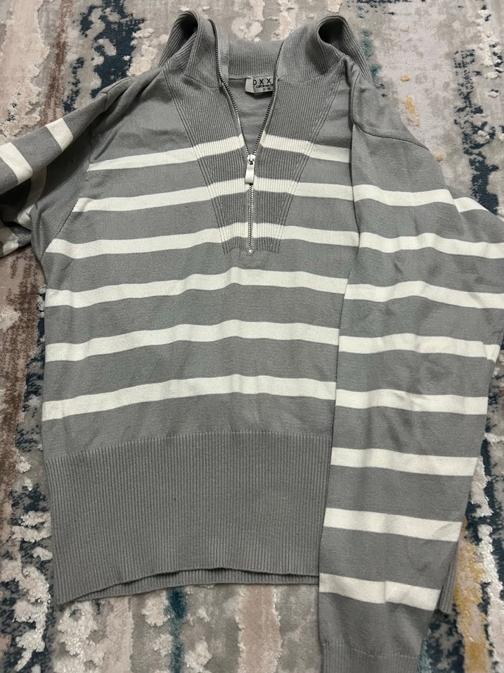 Gri Çizgili uzun Kollu Örgü Kadın Kazak - Görsel 5