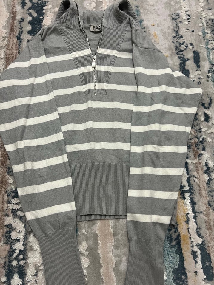 Gri Çizgili uzun Kollu Örgü Kadın Kazak - Görsel 3