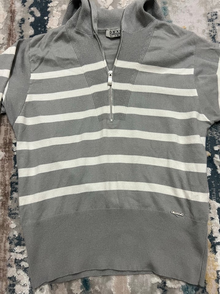 Gri Çizgili uzun Kollu Örgü Kadın Kazak - Görsel 2