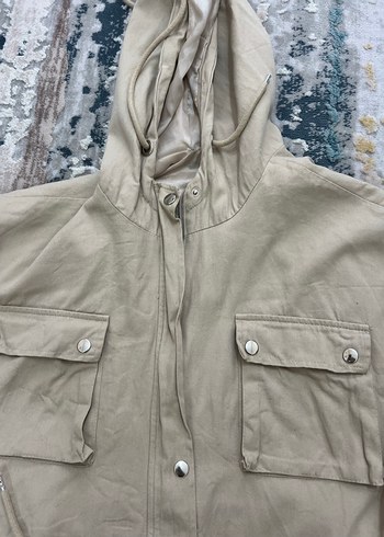 Düğmeli Kapüşonlu Bej Keten Kadın Ceket - Görsel 3