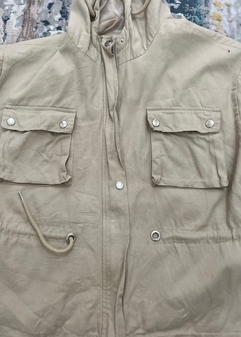 Düğmeli Kapüşonlu Bej Keten Kadın Ceket - Görsel 2