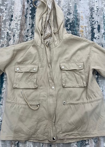 Düğmeli Kapüşonlu Bej Keten Kadın Ceket - Görsel 4