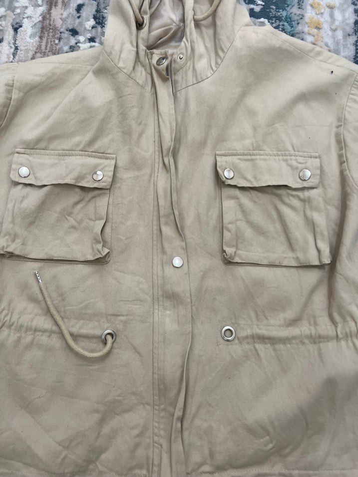 Düğmeli Kapüşonlu Bej Keten Kadın Ceket - Görsel 2