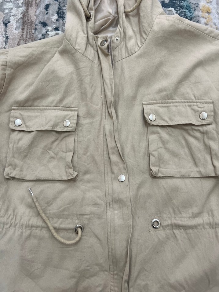 Düğmeli Kapüşonlu Bej Keten Kadın Ceket - Görsel 5