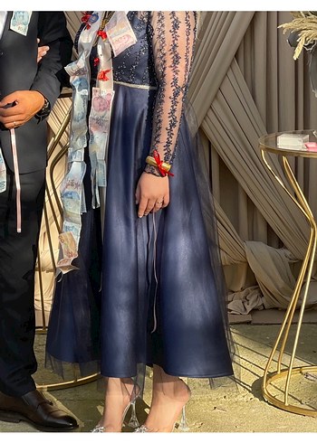 Dantel Detaylı Lacivert Uzun Abiye Elbise - Görsel 3