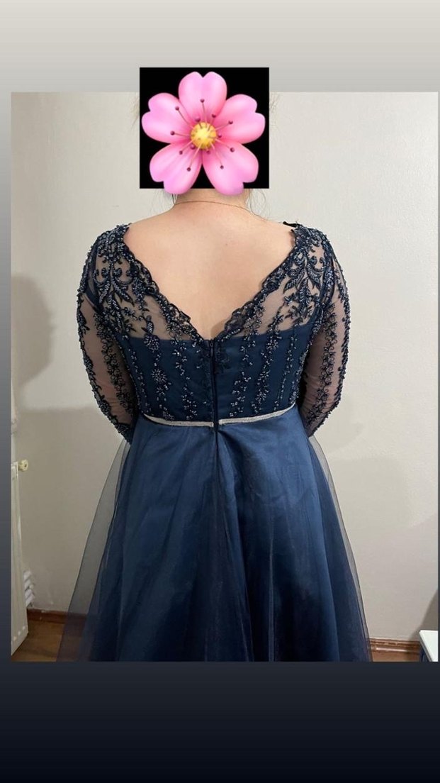 Dantel Detaylı Lacivert Uzun Abiye Elbise - Görsel 2