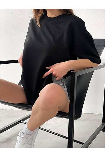 Diğer Unisex Pamuk Oversize Siyah Bisiklet Yaka