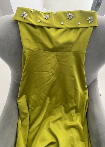 Straplez İşlemeli Yeşil Midi Abiye Elbise - Görsel 3