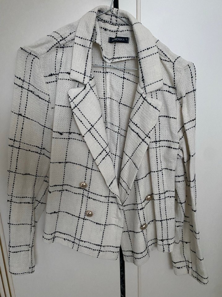 Düğmeli Ekoseli Beyaz Kadın Blazer - Görsel 2