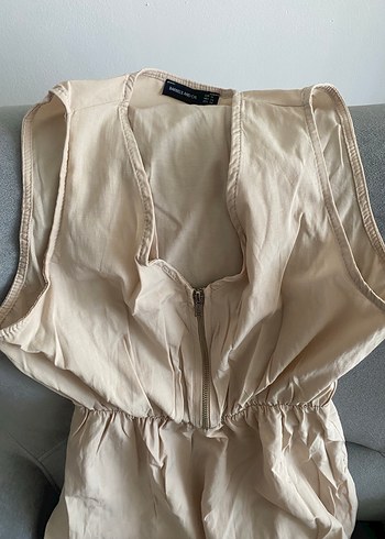 Bej Keten V Yaka Uzun Elbise - Görsel 2