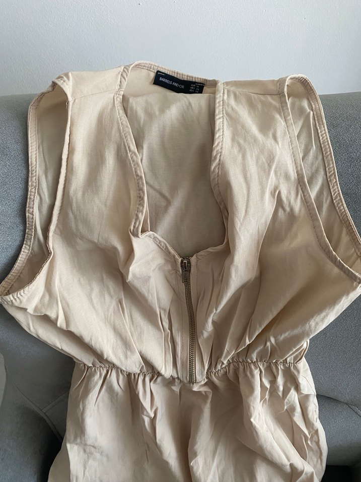 Bej Keten V Yaka Uzun Elbise - Görsel 2