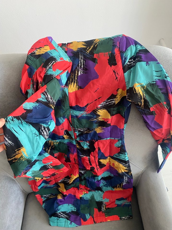 Renkli V Yakalı Drapeli Mini Elbise - Görsel 3