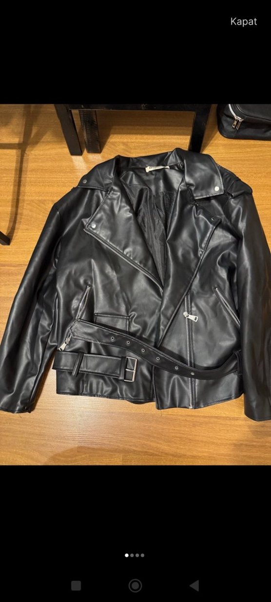 Siyah Deri Kadın Biker Ceket - Görsel 2