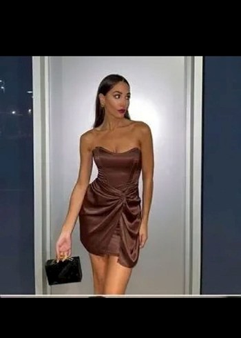 Zara Saten Kahverengi Straplez Mini Elbise - Görsel 3