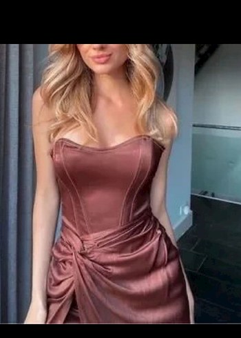 Zara Saten Kahverengi Straplez Mini Elbise - Görsel 2