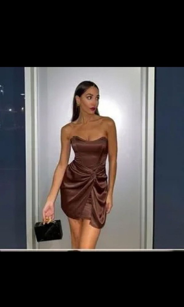 Zara Saten Kahverengi Straplez Mini Elbise - Görsel 3