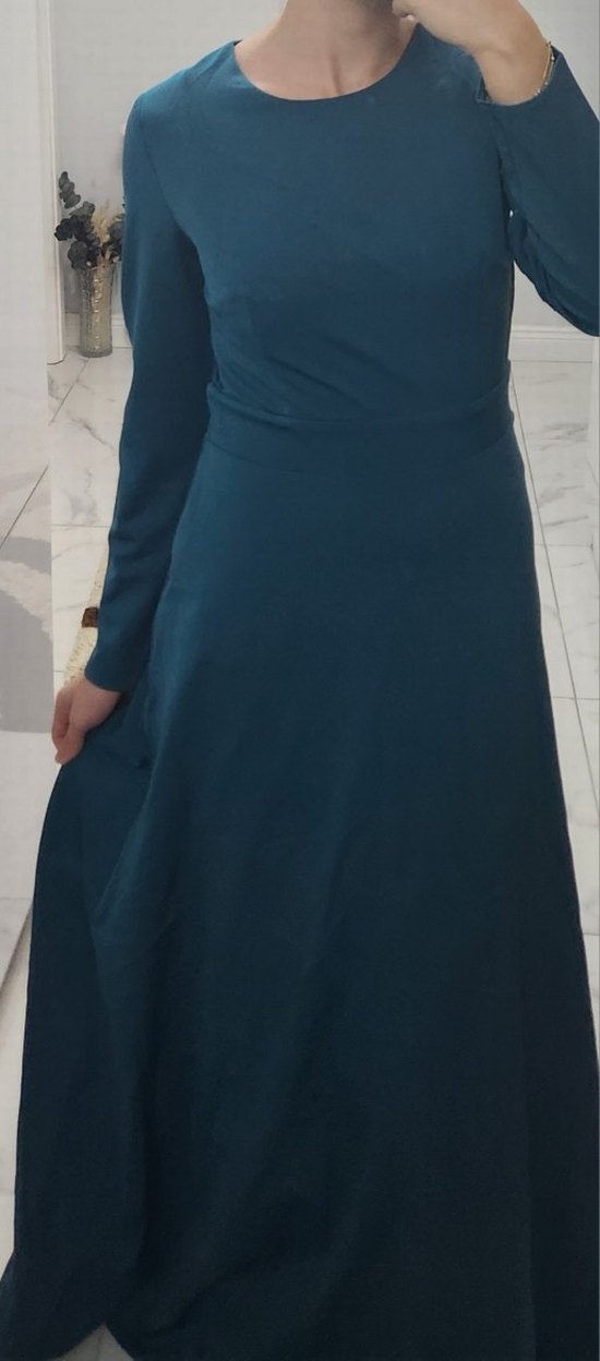 Uzun Kollu Mavi Yüksek Yakalı Kadın Elbise şal hediyedir - Görsel 2
