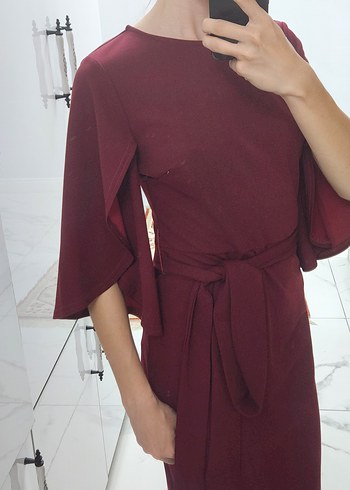 34 Beden bordo Renk Bordo Midi Elbise, Kemer Detaylı