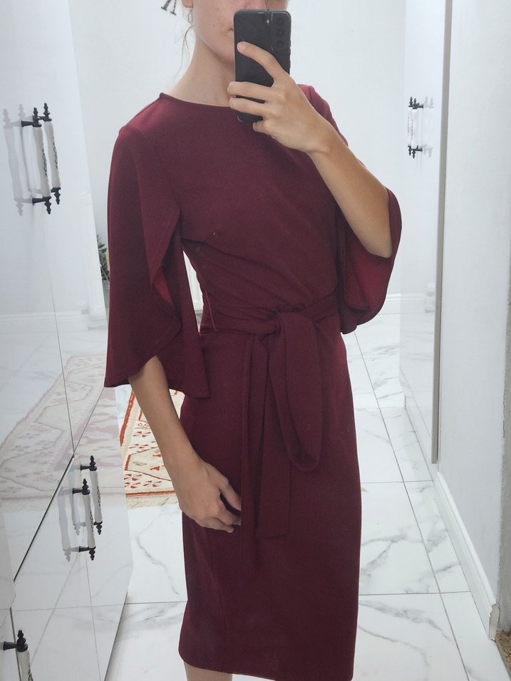 Bordo Midi Elbise, Kemer Detaylı - Görsel 4