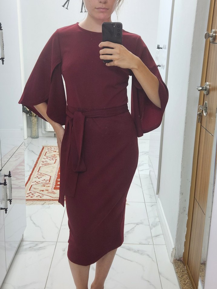 Bordo Midi Elbise, Kemer Detaylı - Görsel 2