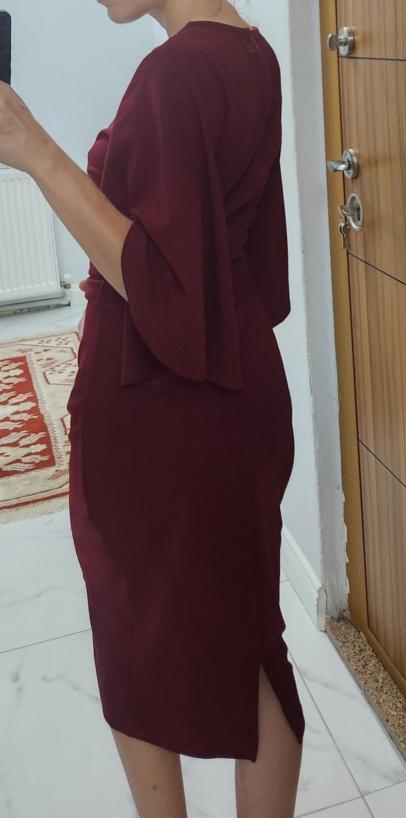 Bordo Midi Elbise, Kemer Detaylı - Görsel 3