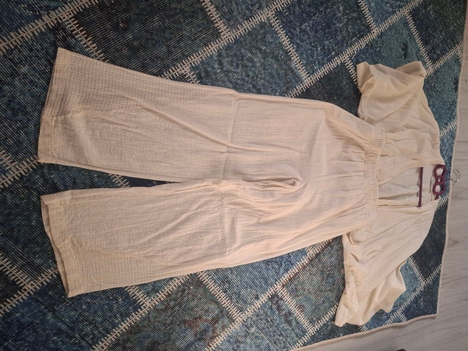 Bej alt üst takım keten pantolon yelek - Görsel 3