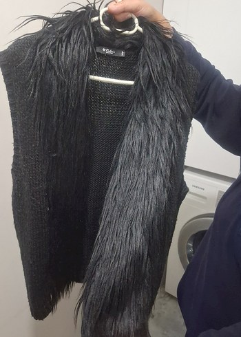 Kürklü Siyah Kadın Yün Yelek - Görsel 5