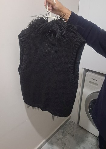 Kürklü Siyah Kadın Yün Yelek - Görsel 3