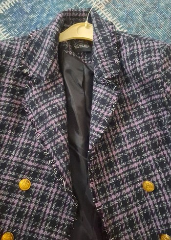 Düğmeli Mor Ekose Kadın Blazer Ceket - Görsel 2