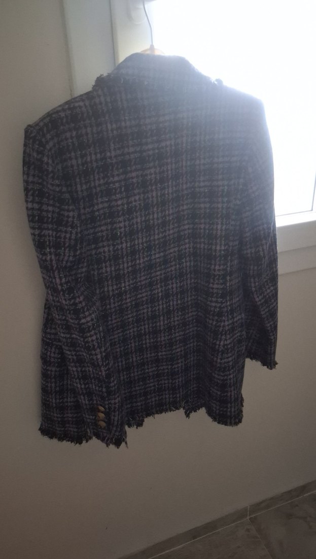 Düğmeli Mor Ekose Kadın Blazer Ceket - Görsel 4