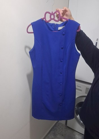 Düğmeli Kolsuz Mini Mavi Ofis Elbisesi - Görsel 2