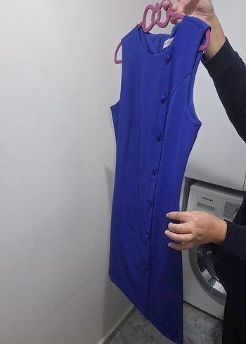 Düğmeli Kolsuz Mini Mavi Ofis Elbisesi - Görsel 4