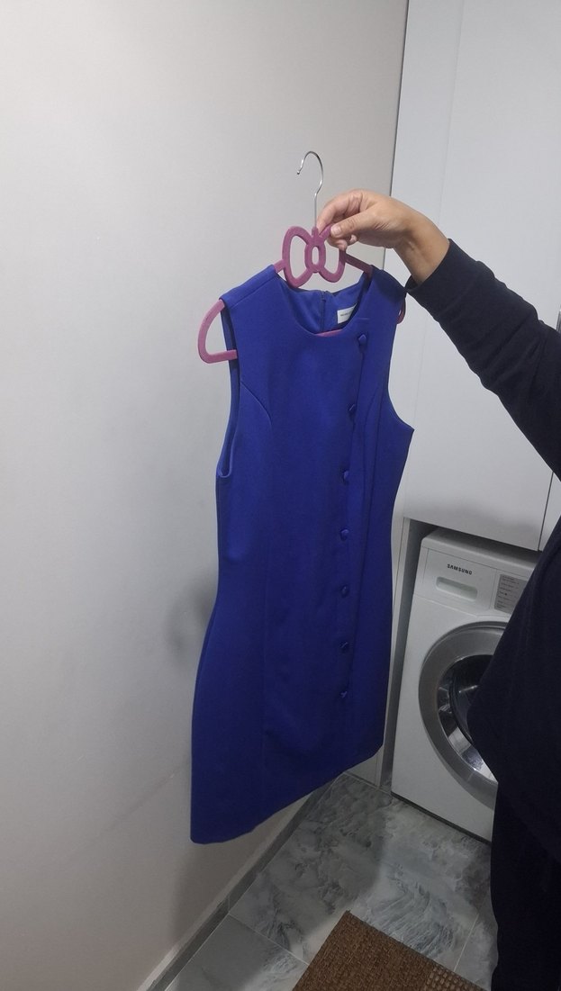 Düğmeli Kolsuz Mini Mavi Ofis Elbisesi - Görsel 3