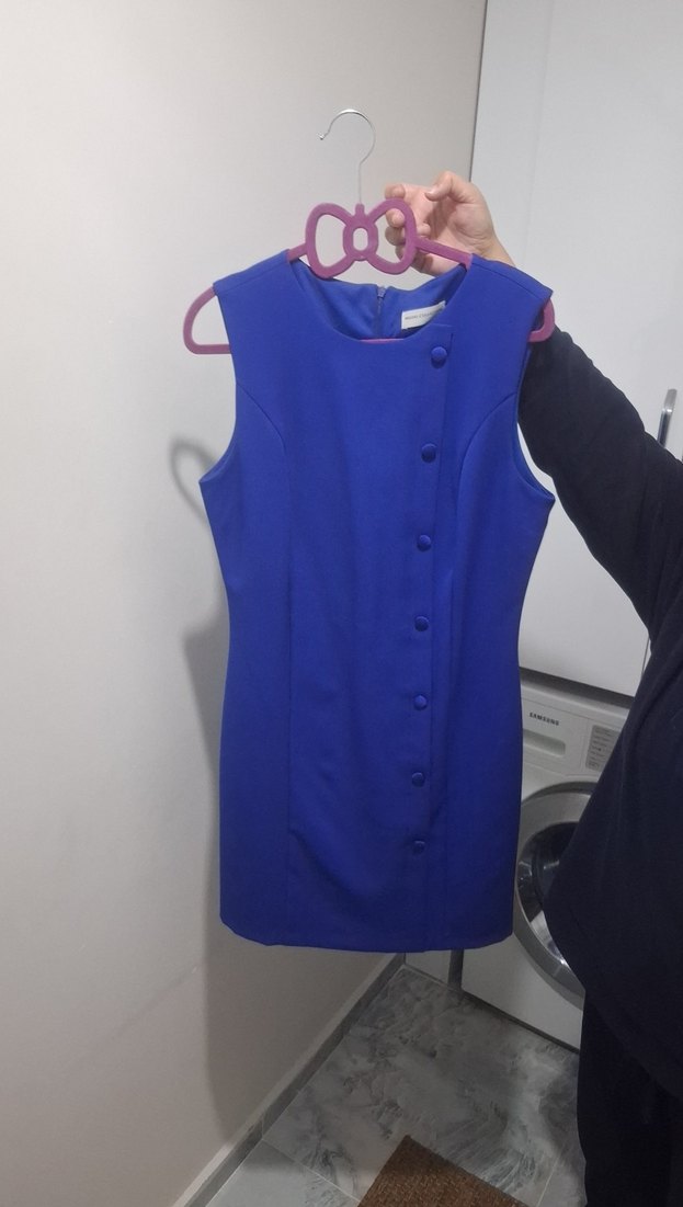 Düğmeli Kolsuz Mini Mavi Ofis Elbisesi - Görsel 2