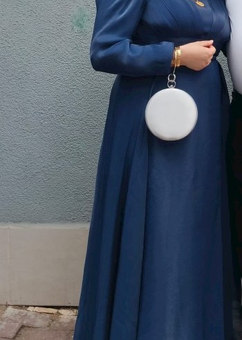Uzun Kollu Drapeli Mavi Abiye Elbise