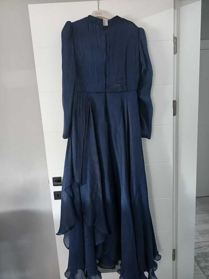 Uzun Kollu Drapeli Mavi Abiye Elbise - Görsel 3