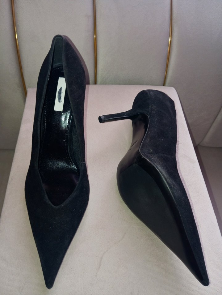 Siyah Süet Sivri Uçlu Stiletto Topuklu Ayakkabı - Görsel 3