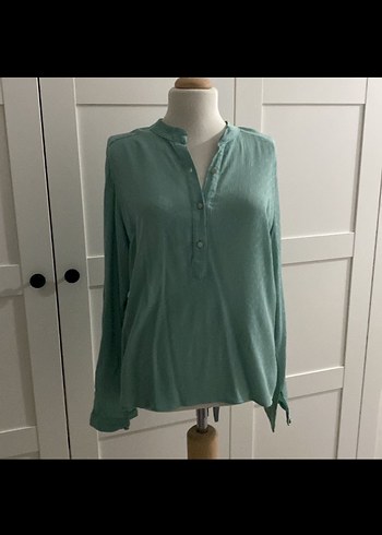 Düğmeli V Yakalı Turkuaz Kadın Keten Gömlek - Görsel 2