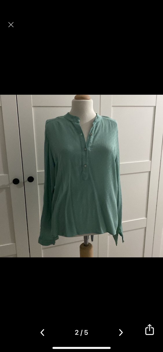 Düğmeli V Yakalı Turkuaz Kadın Keten Gömlek - Görsel 2