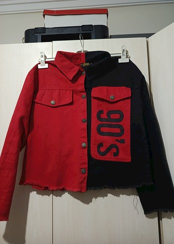 Düğmeli Kırmızı Siyah Kadın Kot Ceket - Görsel 2