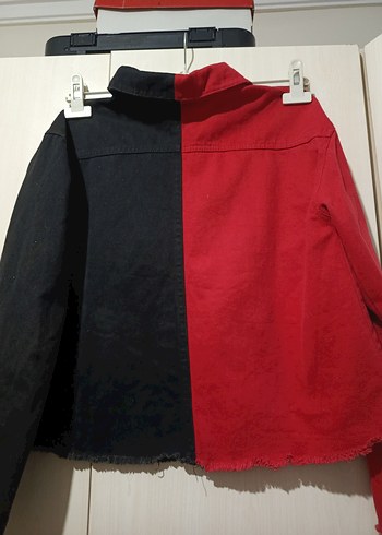 Düğmeli Kırmızı Siyah Kadın Kot Ceket - Görsel 3