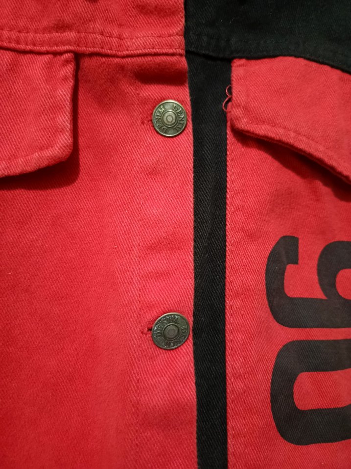 Düğmeli Kırmızı Siyah Kadın Kot Ceket - Görsel 5