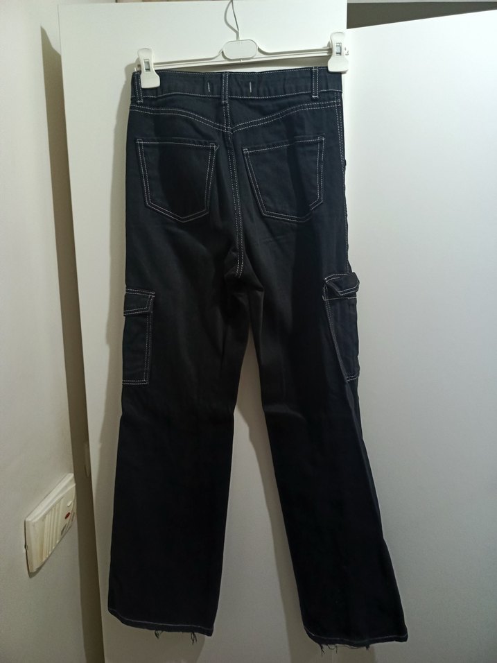 Siyah Beyaz Dikim Kargo Kot Pantolon - Görsel 2