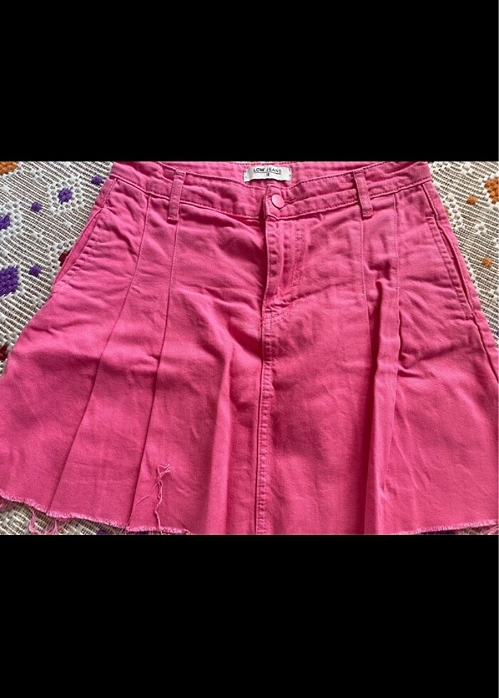 Fileli fuşya pembe kot etek - Görsel 2