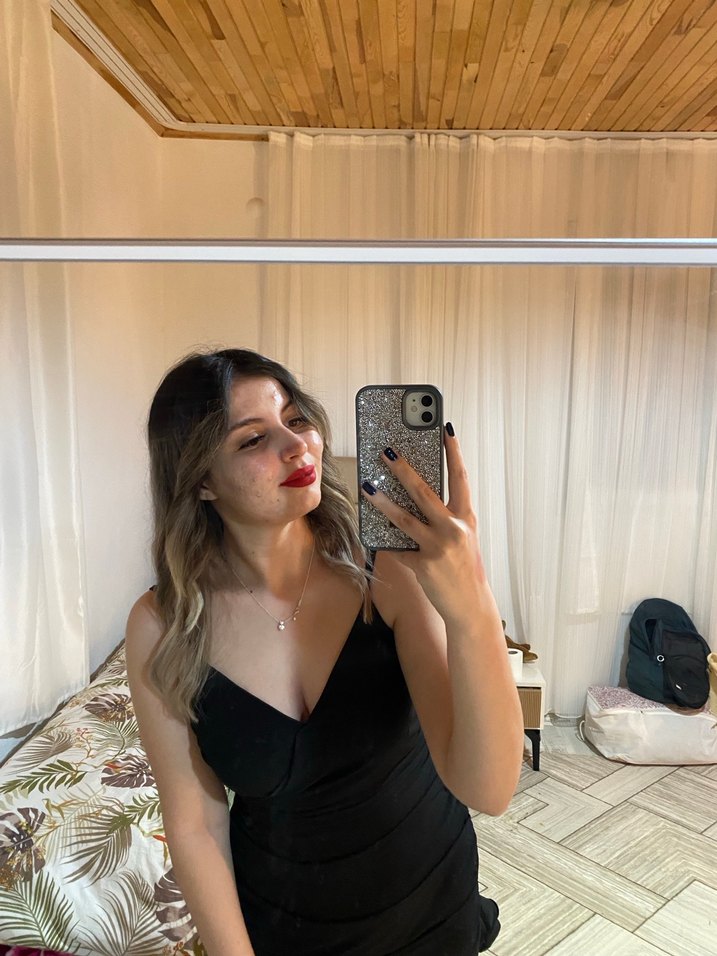 Parlak Siyah Mini V Yaka Elbise - Görsel 2