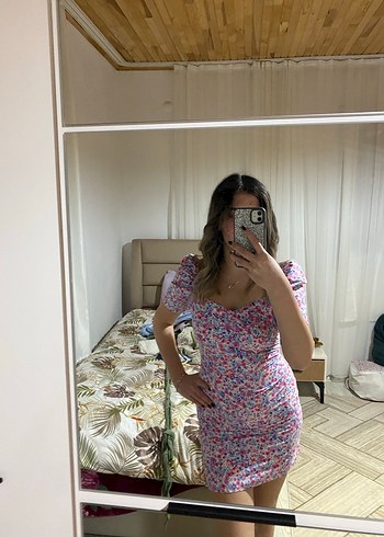 Pembe Midi Bağlama Desenli Kadın Elbise - Görsel 2