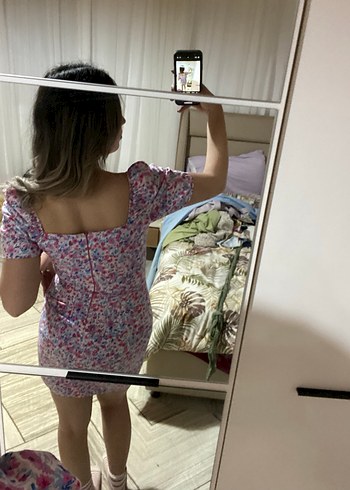 Pembe Midi Bağlama Desenli Kadın Elbise - Görsel 3