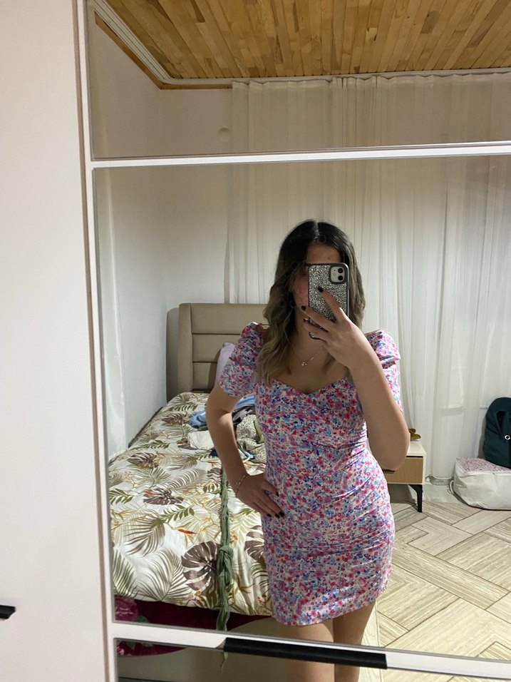 Pembe Midi Bağlama Desenli Kadın Elbise - Görsel 2